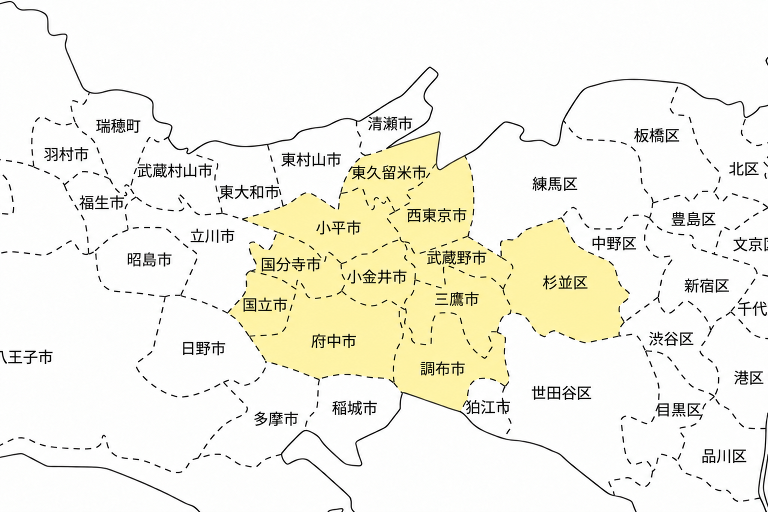 小金井市を中心とした11の対応地域を薄い黄色で示す地図。練馬区・立川市・東村山市・清瀬市・東大和市は対応エリア外です。